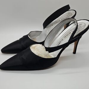 Manolo Blahnik Black Satin Pointed Slingback Pumps Sz 39